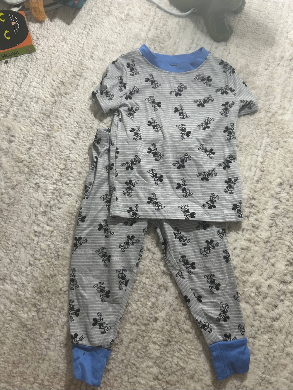 Kids Gray Mickey Mouse Print Pajama Set with Blue Trim